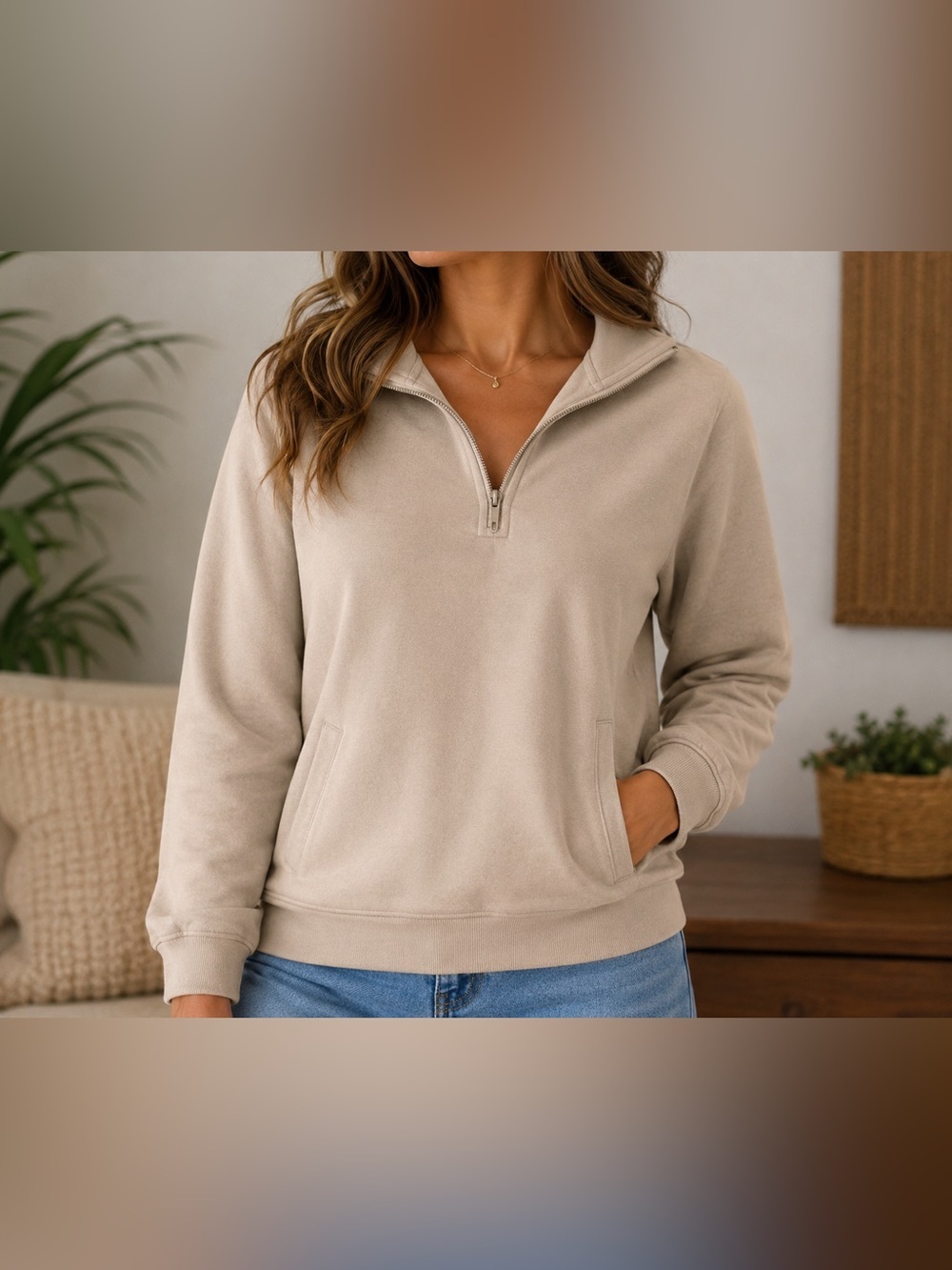 ZYIA Active 1/4 Zip Cropped Sweatshirt XL Tan Neutral Pullover Athletic